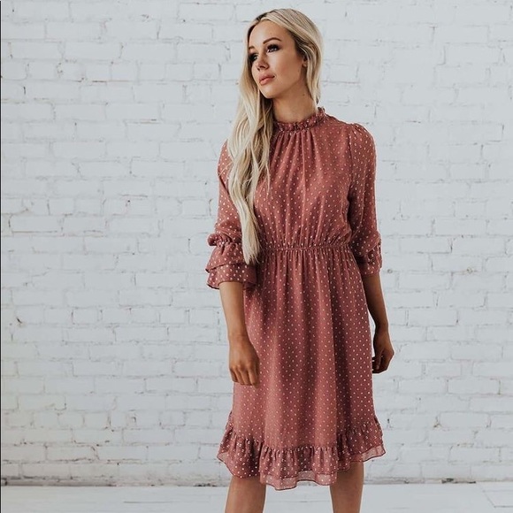 Roolee Dresses & Skirts - Mauve pink ruffled shiny dot midi dress